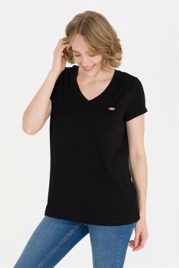 Женская черная базовая футболка с v-образным вырезом Неожиданная скидка в корзине
