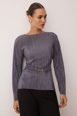 Antrasit Fitted/Vucuda Oturan Aksesuar Detayl? Pilise Dik Yaka Esnek Orme Bluz TWOAW26BZ00112