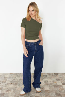 Trendyolmilla Siyah Buzgulu Asimetrik Yaka Esnek Orme Bluz TWOSS24BZ00073 фото 8