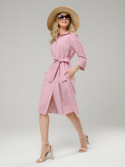 Платье белое в красную полоску длины миди с отложным воротником - 1001dress фото 3