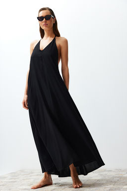 Plaj Giyim Siyah Dokuma S?rt Dekolteli Maxi Elbise TBESS24EL00022