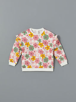 Bisiklet Yaka ?i?ekli K?z Bebek Sweatshirt ve E?ofman Alt 2li