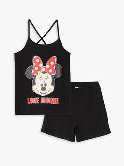 U Yaka Minnie Mouse Bask?l? K?z ?ocuk ?ortlu Pijama Tak?m?