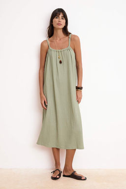 Haki Shift/Duz Havuz Yaka Kolsuz Midi Dokulu Orme Elbise TWOSS26EL00606