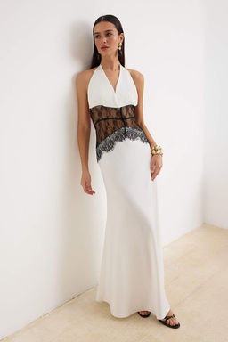 Beyaz Duz Siyah Dantel Detayl? Saten Maxi Abiye & Mezuniyet Elbisesi TPRSS26AE00214