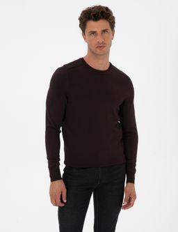 Koyu Kahverengi Slim Fit Bisiklet Yaka Triko Kazak
