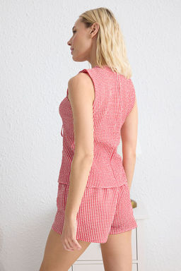 Trendyolmilla K?rm?z? Potikareli Baglama Detayl? Sortlu Dokuma Pijama Tak?m? THMSS25PT00091  фото 5