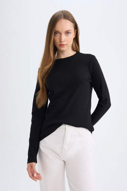 Туника-футболка с длинными рукавами и длинными рукавами в рубчик обычного кроя - Defacto фото 3