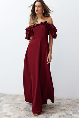 Bordo A-Kesim Volanl? Dokuma Uzun S?k Abiye Elbise TPRSS24AE00054