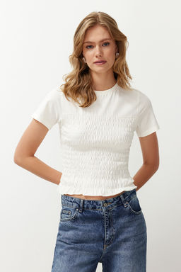 Ekru Gipeli Fitted/Vucuda Oturan Bisiklet Yaka Orme Bluz TWOSS24BZ00455 - Trendyolmilla фото 2