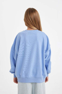 Синий свитшот оверсайз с широким кроем и круглым вырезом для девочек с принтом и надписью - Defacto фото 6