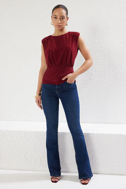 Bordo Vatkal? Buzgu/Drape Detayl? S?f?r Kol Belden Oturmal? Dokumlu Orme Bluz TWOSS25BZ00031 - Trendyolmilla фото 2
