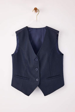 Lacivert Fitted Kendinden Cizgili Dokuma Yelek TWOSS26YE00007