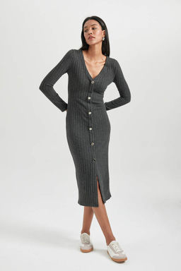 Облегающее платье миди в рубчик с V-образным вырезом и длинными рукавами - Defacto фото 3