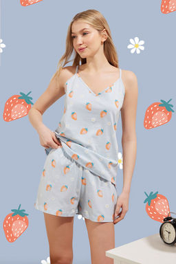 Trendyolmilla Yesil %100 Pamuklu Cilek Desenli Sortlu Orme Pijama Tak?m? THMSS25PT00066