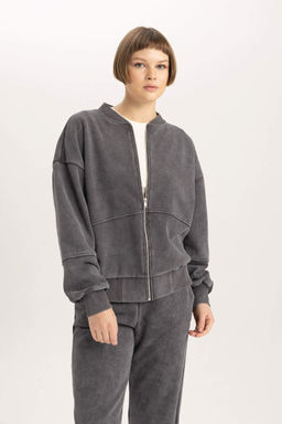 Кардиган-бомбер с выцветшим эффектом и воротником-стойкой Relax Fit - Defacto фото 4