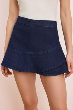 Koyu Mavi Volanl? %100 Pamuk Denim Sort Etek TWOSS26SR00031 - Trendyolmilla фото 3