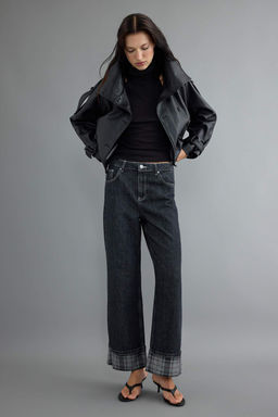 Antrasit %100 Pamuk Pa_a Ekose Detayl_ Y_ksek Bel Wide Leg Jeans TWOAW27JE00015 - Trendyolmilla фото 8