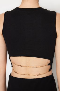 Siyah Zincir Detayl? Fitted/Vucuda Oturan Crop Bisiklet Yaka Fitilli Esnek Orme Bluz TWOSS23BZ00567 - Trendyolmilla фото 4