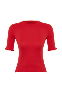 K?rm?z? Fitilli Fitted/Vucuda Oturan Bisiklet Yaka Esnek Orme Bluz TWOSS23BZ00025