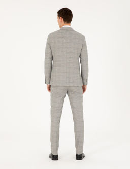 Gri Ex. Slim Fit Ekose Kruvaze Tak_m Elbise