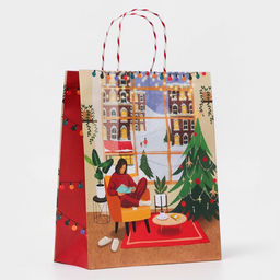 Пакет бумажный подарочный новогодний крафт "Новогодний уют" 26 х 32 х 12 см.