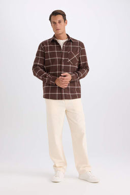 Фланелевая рубашка стандартного кроя с воротником поло и длинными рукавами в клетку - Defacto фото 2