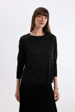 Женский черный классический крой с круглым вырезом и рукавами реглан, серебристый базовый однотонный трикотажный свитер