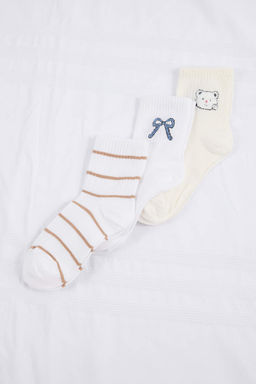 Ekru-Cok Renkli 3lu Cizgili Jakar Orme Corap THMSS26CO00017