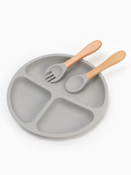 Тарелка детская секционная с ложкой и вилкой, 3 секции, серый, Mum&Baby