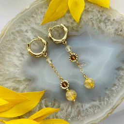 Серьги из Рутилового кварца, Граната спессартин и Горного Хрусталя