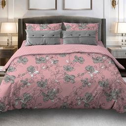 Постельное белье, комплект 1,5 спальный Цветы сакуры пудровый/серый, 4 предмета: пододеяльник на пуговицах 145х215см, простыня классическая 150х220см, 2 наволочки 70х70см с клапаном-запахом, бязь Комфорт 121г/м2, хлопок 100%, упаковка классическ