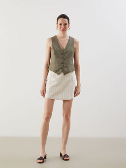 Beli Fermuarl? ?izgili Keten Kar???ml? Kad?n ?ort Etek