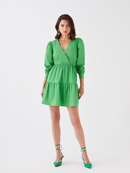 Kruvaze Yaka D?z Uzun Kollu Poplin Elbise