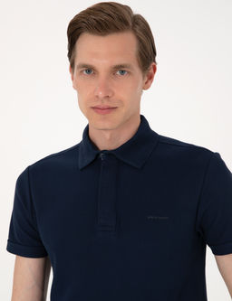 Lacivert Slim Fit %100 Pamuk K_vr_lmaz Amerikan Pike Polo Yaka Basic Ti__rt