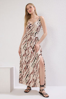 TRENDYOLMILLA Camel Leopar Desenli Kruvaze Y?rtmac Detayl? Maxi Dokuma Elbise TWOSS23EL01892 фото 12