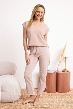 Pudra Serit Detayl? Bask?l? Likral? Yumusak Tuse Orme Pijama Tak?m? THMSS26PT00139