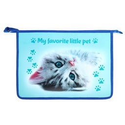 Папка для тетрадей А4, 245 х 340 х 50 мм, молния сверху, ламинированный картон, Серый котёнок на полу