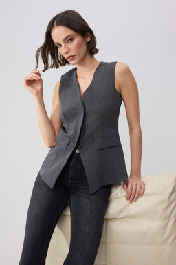 Antrasit Fitted/Vucuda Oturan Gizli Dugmeli Astarl? Dokuma Yelek TWOSS26YE00005 - Trendyolmilla фото 4