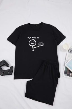 Siyah Regular Kesim Eglenceli Yaz? Bask?l? Pamuklu Pijama Tak?m? TMNSS26PT00024