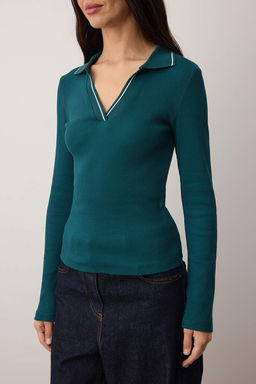 Trendyolmilla Siyah Triko Yaka Detayl? Fitted/Vucuda Oturan Fitilli Esnek Orme Bluz TWOAW25BZ00121  фото 8