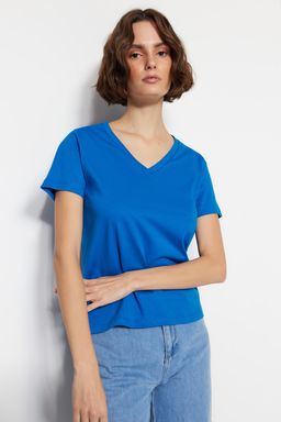 Turuncu-Saks %100 Pamuk 2li Paket Basic V Yaka Orme T-Shirt TWOSS23TS00002