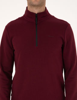 Bordo 3 _plik Regular Fit Fermuarl_ Dik Yaka Basic Sweatshirt