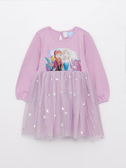 Bisiklet Yaka Uzun Kollu Frozen Bask?l? K?z Bebek Elbise