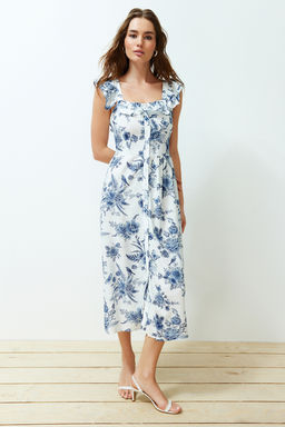 Mavi Cicek Desenli Kare Yaka Viskon Midi Dokuma Elbise TWOSS24EL00309 - Trendyolmilla фото 3