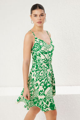 Yesil Cicek Desenli V Yaka Viskon Astarl? Mini Dokuma Elbise TWOSS25EL00123 - Trendyolmilla фото 3
