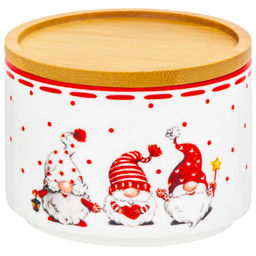 Банка д/хранения 250 мл 9,3*9,3*7 см "Весёлые гномики" + дер. крышка-подставка с крыш. с сил. уплот.