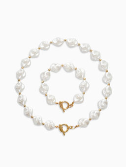 Набор 2 предмета: бусы, браслет «Жемчуг барочный. Ромб», 40/18 см, белый в золоте