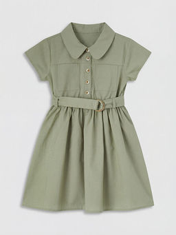 G?mlek Yaka K?z ?ocuk Poplin Elbise ve Kemer
