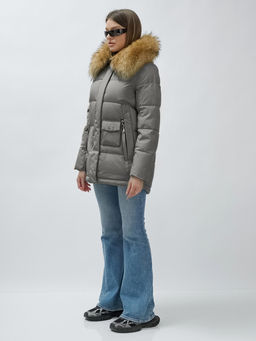 Куртка женская зимняя с мехом енот премиум класса серого цвета 3215Sr - Visdeer фото 3